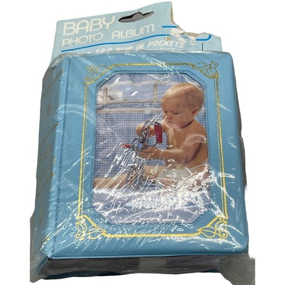 Baby Photo Album 100 slip in pockets 3 1/2" x 5 1/4" soft padded cover blue READ - Picture 1 of 8